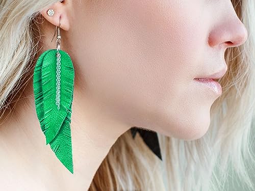 Black shiny Leather Feather Earrings for Women, Lightweight Minimal Boho Dangle Earrings, Small Simple Everyday Jewelry - color: green