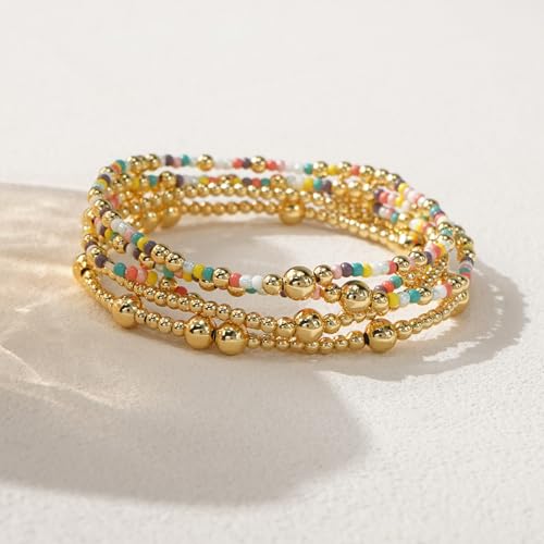 14K Gold Plated Beaded Bracelets Stack Set for Women,Stretch Boho Colorful Beads Ball Jewelry Friendship Summer Trendy - color: Colorful Pink