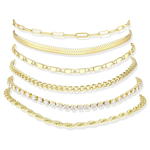 Besteel Ankle Bracelets for Women Waterproof - 14K Gold Plated Non Tarnish Layered Cuban Link Chain Rope Figaro Herringbone Anklets Set Plus Size Anklet Summer Foot Jewelry Gift Adjustable 8-12 Inch - style: 6 Pcs Gold Tennis-8.5+2.5 Inch