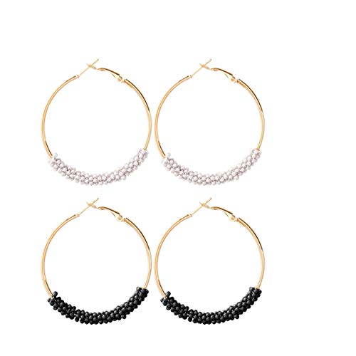 2 Pairs Bohemian Colorful Beads Circle Round Hoop Earrings Gold Hoop Dangle Earrings for Women Vintage Boho Jewelry - color: white black