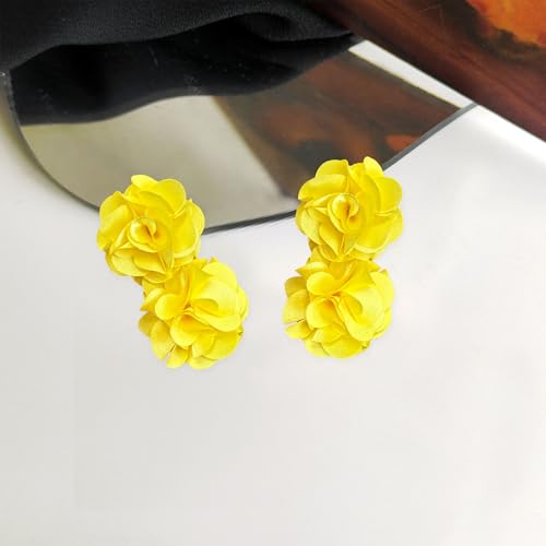 Oversized Fabric Flower Earrings for Women Statement Boho Chic Dangle Drop Earrings for Parties Weddings or Everyday Wear - color: Yellow