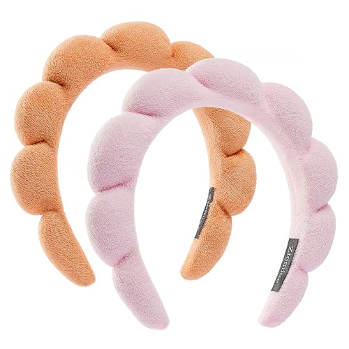 Ztomine Spa Headbands, Set of 2 - Terry Cloth Face Wash Headbands for Women - Puffy Makeup Headbands for Facial, Mask (Pink, Orange) - color: Pink + Orange