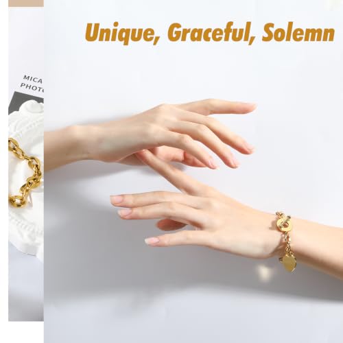 Emibele Heart Charm Bracelet for Women, Bible Verse Bracelet Stainless Steel 18K Gold Plated Bracelet Love Pendant Link Chain OT Clasp, Birthday Christmas Jewelry Gift for Mother Her - color: 18K Gold