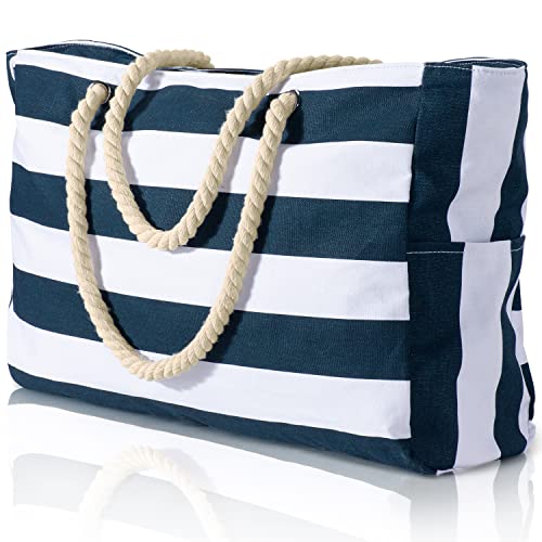 Becokan Beach Bag Large Beach Tote Bag for Women Waterproof Sandproof Swim Pool Bag With Zipper - color: Dark Blue