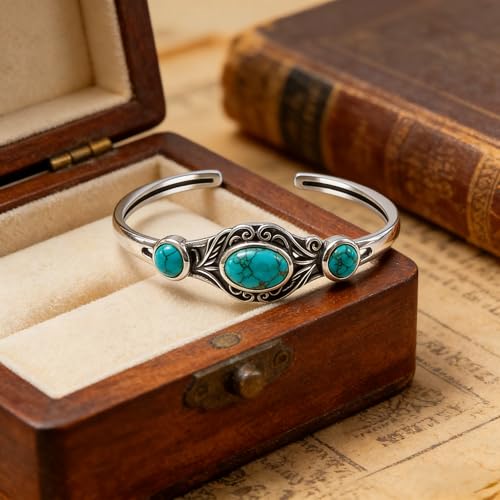 Genuine Turquoise Bracelet Cuff Bracelet for Women Mom 925 Sterling Silver Natural Turquoise Bangles Vintage Bracelet Boho Jewelry for Birthday Christmas Mother's Day Valentine's Day - style: Leaf 2