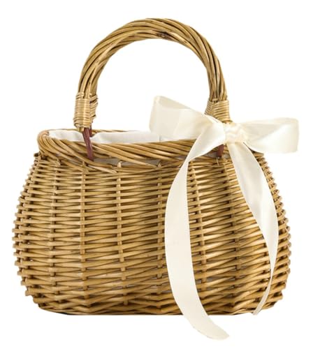 Wicker Basket Lace Ribbon Handbag Vacation Wedding Woven Handbag Drawstring Inner Pouch Daily Use Gift - color: C