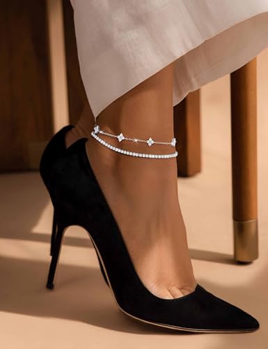 RLMOON Gold Silver Anklets for Women CZ Ankle Bracelet 14K Gold Plated Waterproof Layered Stackable Clover Butterfly Tennis Chain Anklet Trendy Summer Beach Foot Jewelry - color: A-Flower&Tennis Anklet-Silver