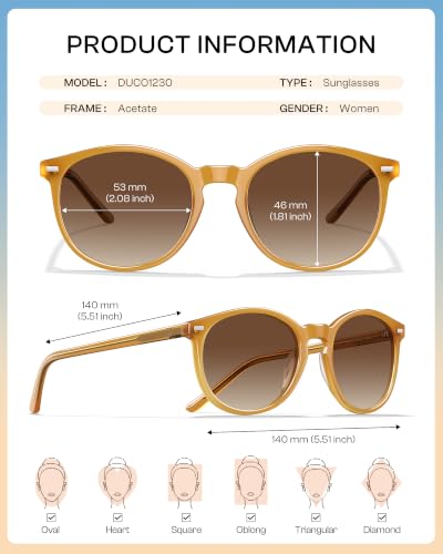 DUCO Women's Trendy Retro Round Acetate Polarized Sunglasses, UV400 99% Glare Block, Lightweight for Daily & Outdoor - color: 6. Transparent Brown Frame Brown Lens