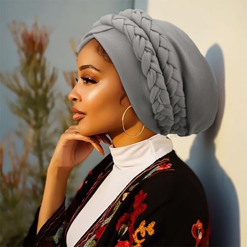 African Women Turban Caps Beanie Pre-Tied Twisted Braids Headwraps for Women Head Scarf Chemo Cancer Headwear Cap - color: 3 Pack Twisted Braid: Olive Green/Dark Grey/Black