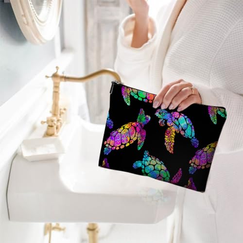 Small Makeup Bag for Purse Cute Canvas Waterproof Cosmetic Bags for Women Zipper Travel Toiletry Pouch-Rainbow Turtle Makeup Bags - color: Rainbow Turtle Makeup Bags