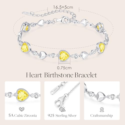 925 Sterling Silver Birthstone Heart Bracelet Jewelry Gift for Women | Rose Gold Plated Bracelets,Hypoallergenic,Adjustable Chain Personalized Anniversary Christmas Jewelry Gift for Mom Wife - color: Sterling Silver-11-Nov