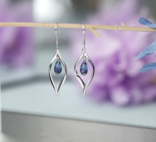 Rhodium Plate 925 Sterling Silver Hook Twist Leaf Holiday Hypoallergenic Dangle Earrings for Women Gifts Engagement Wedding with Austrian Daiamond Cut Waterdrop Crystal Hight Polished Long :1.9 IN - color: dark blue cryal