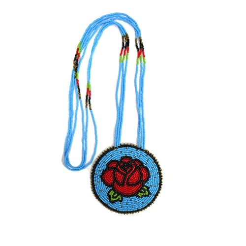 Handmade Native American Style Tribal ethnic Seed Bead Beaded Layered Medallion Necklace #1 - color: Skyblue Rose