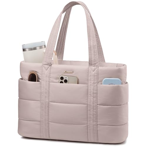 LOVEVOOK Tote Bag for Women, Large Puffer Work Tote Laptop Bag, Lightweight Travel Tote Bag with Zipper Gifts for Women - color: Antiquewhite-a, size: 15.6 Inch