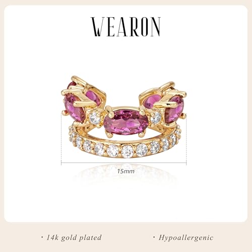 WEARON Ear Cuff Earrings for Women, Ear Cuffs Non Piercing, 14K Gold Plated Jewelry Zircon Diamond Turquoise Earrings Hypoallergenic Jewelry Gifts for Woman - color: Red/Single