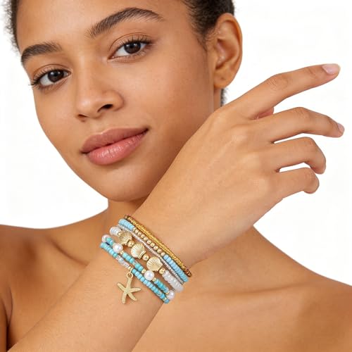 Shell Bracelet Seashell Boho Beaded Stretch Bracelets for Women Summer Beach Bracelets Starfish Charm Bracelet Stackable Gold Plated Bracelets Set for Women - color: f-blue
