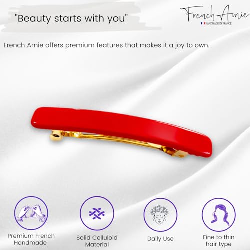 French Amie Rectangular Handmade Small Hair Barrette 2 1/4 Inch with Metal Clasp, Cellulose Acetate Hair Clip Grip for Women & Girls, Strong Hold for Fine Hair, Bangs, and Half-Up Styling (Red) - color: Red