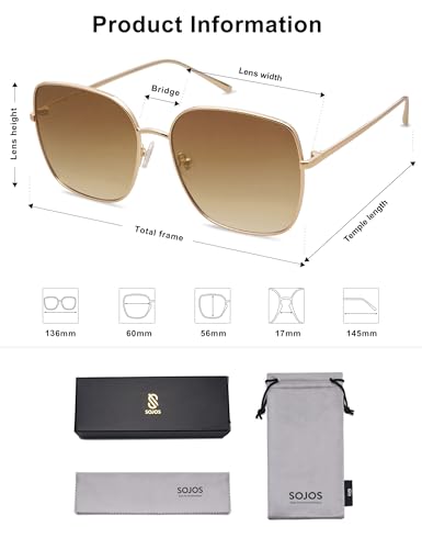 SOJOS Trendy Oversized Square Metal Frame Sunglasses for Women Men Retro Big Flat Lens UV Protection Sunglasses SJ1146 - color: Gold/Gradient Brown