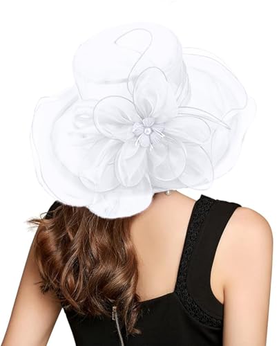 ORIDOOR Women’s Organza Church Tea Party Wedding Fascinator Derby Hat Wide Brim Sun Hats - color: C3-pure White
