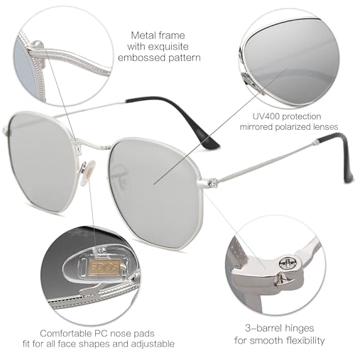 SOJOS Square Polarized Sunglasses for Women Men Small Hexagonal Polygon Shades SJ1072 - color: Silver