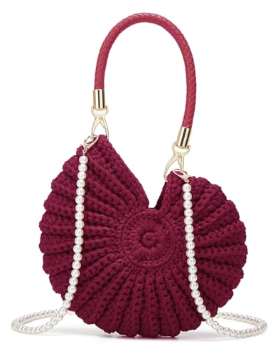 Jusavie Bohemia Crochet Handwoven Seashell Bag Women Summer Beach Bag Boho Evening Clutch Purses Shoulder Crossbody Bags 2026 - color: Burgundy
