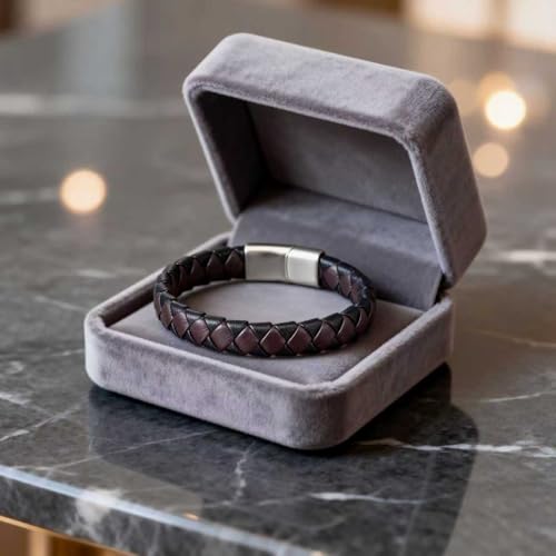 Men's Leather Bracelet, Stackable Stainless Steel Clasp Bracelets for Men Stylish Birthday, Thanksgiving, Valentine's Day Gift for My Man - style: 8.2" Long 10MM Wide Dark Purple Woven