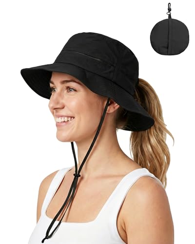 Womens Ponytail Sun Hat Packable UPF50+ Waterproof Bucket Hat Hiking Fishing Safari Hat Foldable Beach Hat - color: Black