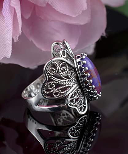 Filigranist Sterling Silver Filigree Art Butterfly Women Cocktail Ring with Gemstones - color: Mojave Turquoise