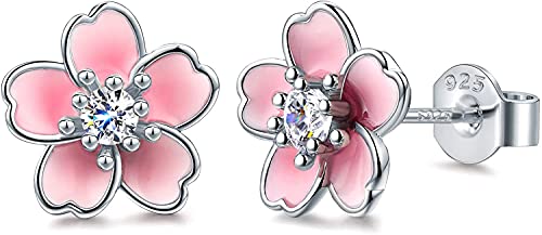 Pink Flower Earrings for Women, 925 Sterling Silver Stud Earrings, Cute Plumeria Earrings For Women, Cherry Blossom Hypoallergenic Stud - color: *Pink