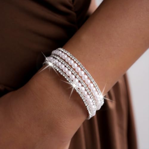 Silver Pearl Bracelet for Women Sparkly Stretch Rhinestone and Pearls Bangle Cuff Adjustable Faux Diamond CZ Bracelets Bling Wedding Costume Jewelry - color: Silver-5Row