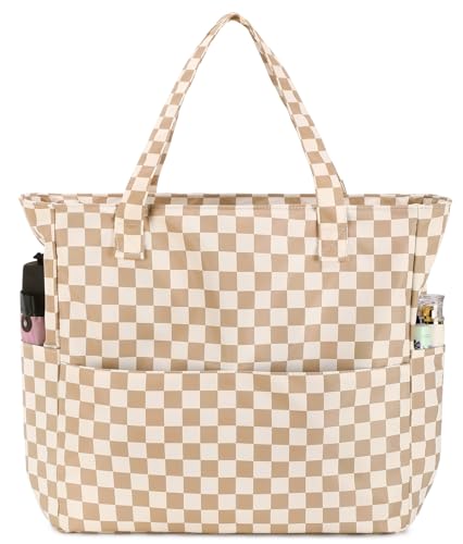 Bluboon Waterproof Beach Tote Pool Bags for Women Ladies Extra Large Carry On Bag With Wet Compartment for Weekender Travel - color: A Checked Brown White