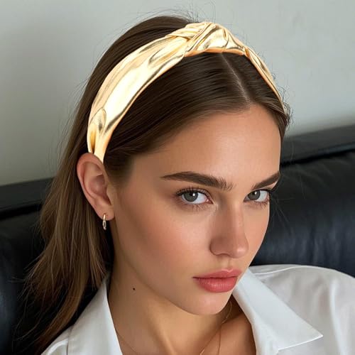YISSION Gold Metallic Knotted Headband for Women, Wide Padded Top Knot Turban Hair Band, Non-slip Fashion Hair Hoop for Party, Holiday & Daily Wear - color: Gold