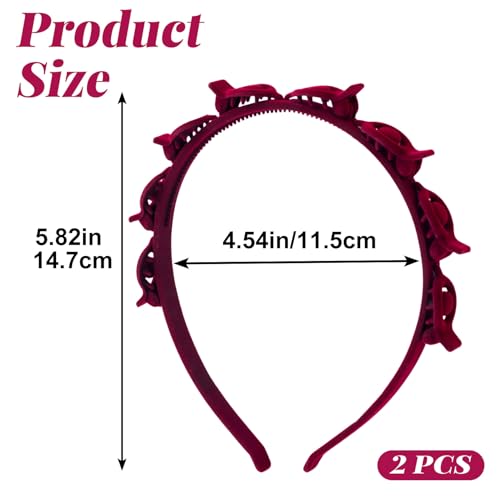 2 Pcs Headband with Clips, 90s Butterfly Hair Clips Headband with Teeth for Women, Braided Weave Bangs Non-Slip Clip Headbands Hair Accessories for Styling Decoration- Flocked Red - color: 2 pcs,Red
