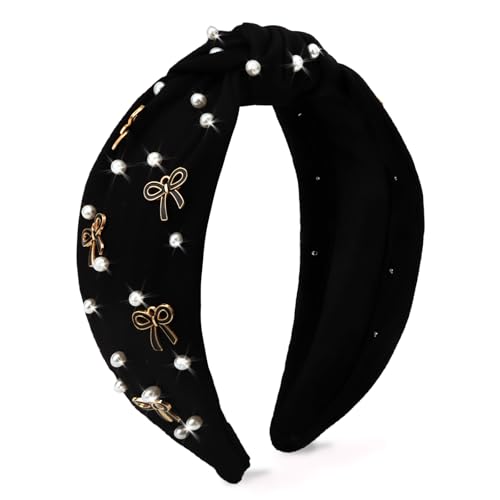 Black Headband Bow Pearl Knotted Headbands for Women Girls Cute Fashion Wide Headbands for Women Non Slip Hairbands Head Bands for Women's Hair Bow Hair Accessories - color: Black-01