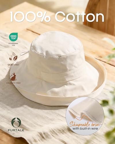 FURTALK Sun Hats for Women Wide Brim Ponytail Beach Sun Protection Hat with Fold-Up Brim Bucket Hat - color: Beige