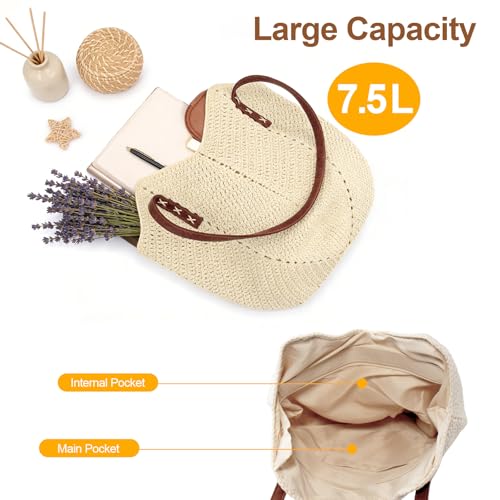 Peicees Crochet Woven Bag with Leak-Proof Lining for Women- Small Beach Purse Boho Shoulder Bag Summer Vacation Travel - color: Beige