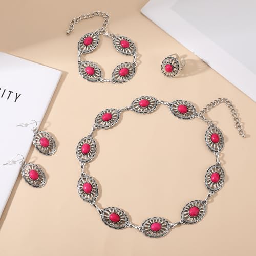 4 PCS Western Turquoise Jewelry for Women Boho Vintage Navajo Pearl Necklace Earring Bracelet Ring Set Country Cowgirl Accessories for Gift - color: L-Magenta