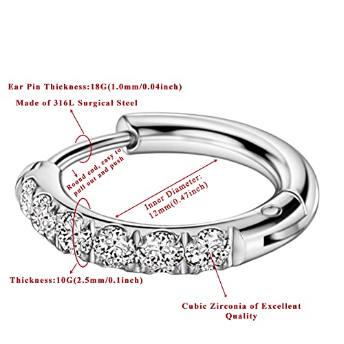 316L Surgical Stainless Steel Huggie Hoop Earrings with Cubic Zirconia, 10G 12G 14G 8-20mm Cartilage Lobe Earrings, 14G Piercing Jewelry - style: 10G 12mm Silver Clear CZ