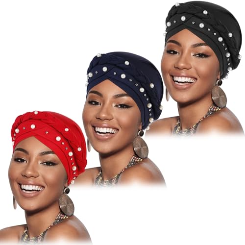 African Women Turban Caps Beanie Pre-Tied Twisted Braids Headwraps for Women Head Scarf Chemo Cancer Headwear Cap - color: 3 Pack Twisted Braid: Pearls (Red/Navy/Black)