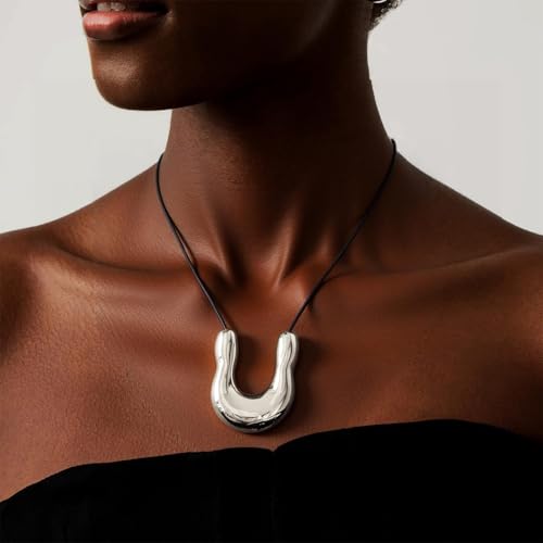 Frodete Statement Necklace for Women Chunky Gold Necklaces Long Pendant Necklace Boho Necklaces Gold Pendant Jewelry Cowboy Chic Style Cowgirl Outfit - color: Z5:Silver U Necklace