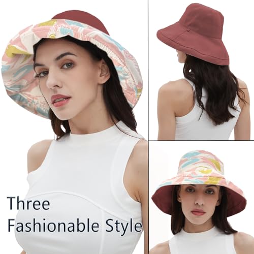 vidsel Womens Sun Hats Wide Brim Reversible Bucket Cotton Hat Packable Summer Travel Cap with Hat Clip,UV Protection - color: Wine Red2, size: Medium