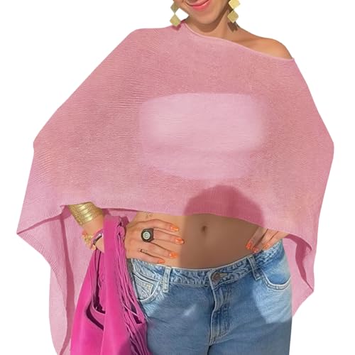 Fisoew Women Sheer Poncho Top Lightweight Knit Crochet Summer Shrug Bolero Off Shoulder Going Out Beach Cover up - color: Pink, size: X-Large