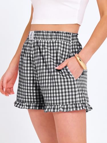 ANRABESS Boxer Shorts for Women,Gingham Plaid Elastic Waist Ruffle,Perfect for Lounge,Pajama&Sleep,Cute Casual Summer Bottoms - color: Black White Plaid, size: Small