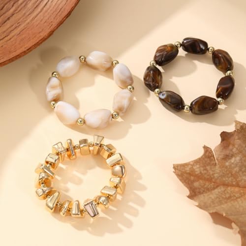 Gold Bracelet Stack For Women, 3Pcs Jade Vintage Chunky Stackable Stretch Boho Western Adjustable Bracelet Stacks Statement Dainty Tarnish Free Waterproof Jewelry Gift - color: Unique-Brown & White