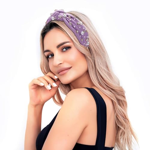 WantGor Pearl Knotted Headband, Women Rhinestone Embellished Hairband Elegant Wide Top Knot Bride Headbands Headpieces Party Fashion Elegant Ladies Hair Band Hair Hoop Accessories (Purple) - color: Purple