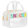 BuyCard Chenille Letter Clear Makeup Bags for Travel, Preppy Patch Nylon Cosmetic Pouch with Handles and Zipper, Waterproof Large Clear Toiletry Purse Storage for Women, White - color: White-Snacks