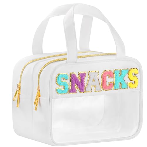 BuyCard Chenille Letter Clear Makeup Bags for Travel, Preppy Patch Nylon Cosmetic Pouch with Handles and Zipper, Waterproof Large Clear Toiletry Purse Storage for Women, White - color: White-Snacks