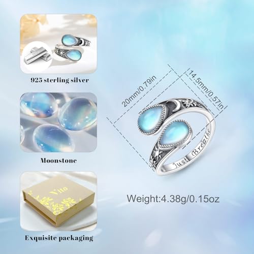 Vito 925 Sterling Silver Adjustable Open Spoon Ring for Women Men, Lotus Sunflower Snake Spoon Band Rings Feather Hug Witches Knot Inspirational Jewelry Gift for Wife - style: Lotus Moonstone