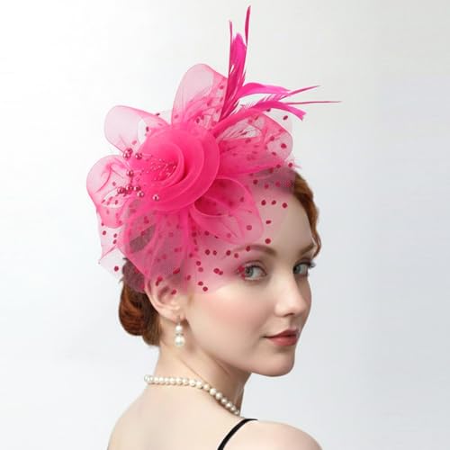 DRESHOW Fascinators Hat Flower Mesh Ribbons Feathers on a Headband and a Clip Tea Party Headwear for Girls and Women - color: 7" Diameter / Fuschia