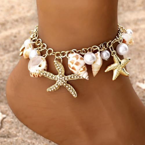 Qceasiy Shell Ankle Bracelet Set for Women, Gold Plated Boho Bead Adjustable Anklet, Hawaiian Beach Seashell Pearl Heart Starfish Conch Foot Jewelry Gifts - color: Conch Starfish1